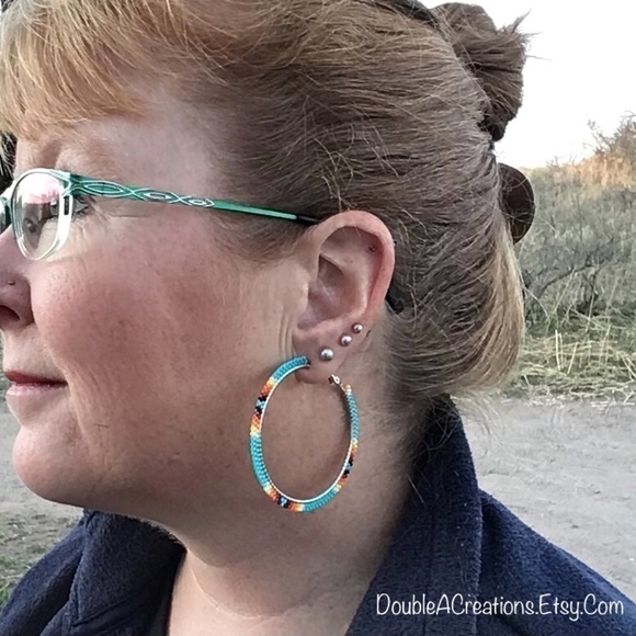 Turquoise 2” Beaded Hoops, New, Handmade by Me - Picture 4 of 7